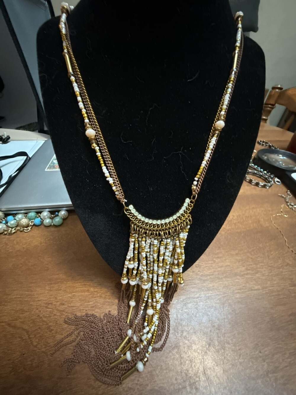 Boho Chic Gold Tone Multi-Strand White Beaded Statement Tassel Necklace